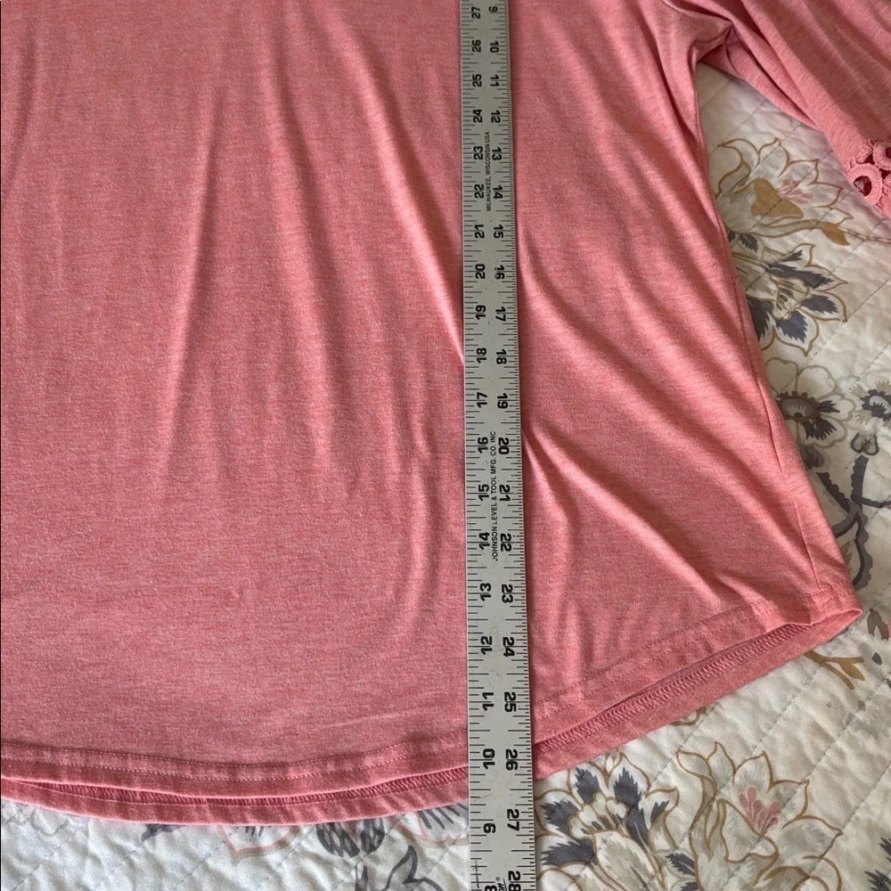 Coral V-Neck Top with Lace Sleeves - Picture 7 of 9